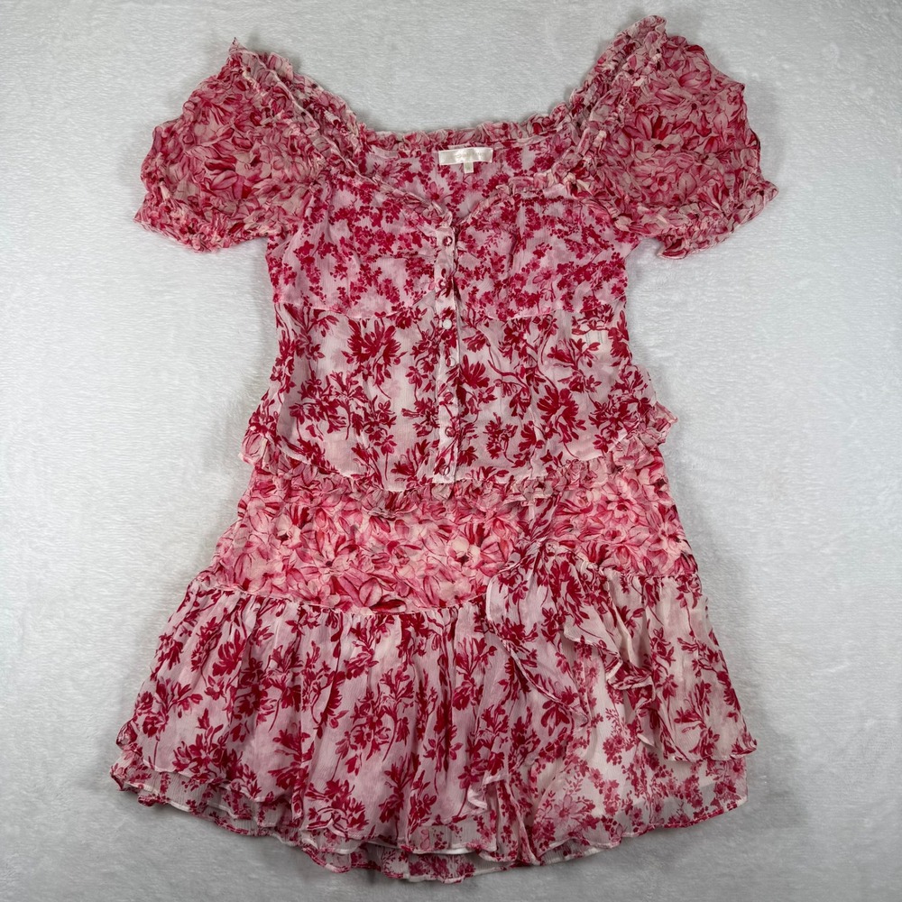 LoveShackFancy 100% Silk Floral 2 Piece Set Top and Skirt Pink Red Size 10